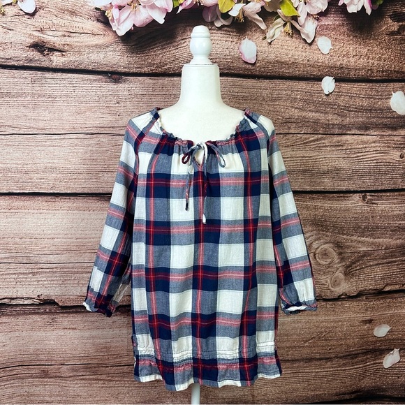 SOLD 🛍️ Faded Glory Women’s Cotton Plaid Shirred Tie Front Lagenlook Blouse - Picture 1 of 8